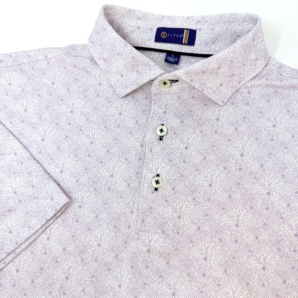 Stitch Golf Mens Lavender Floral Burst Performance Polo Shirt Large White Purple